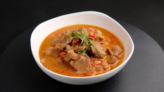 Panaeng Curry with beef.Sliced beef Meat in red curry paste and coconut milk,topping with Shredded kaffir lime leaves.Thai style food.