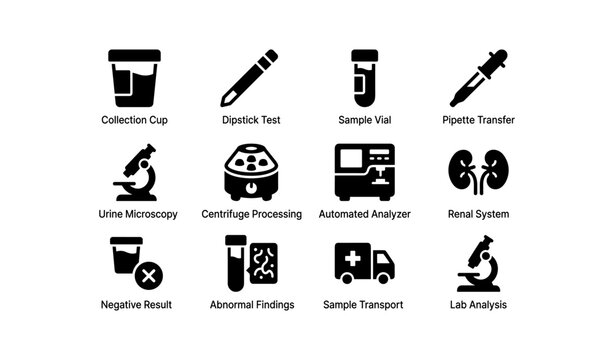 Medical testing icons: collection cup, microscope, vial, analyzer, renal