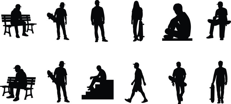 Skateboarder silhouettes collection, urban skateboarding lifestyle poses, black vector illustration of skaters resting, walking, sitting, and holding skateboards