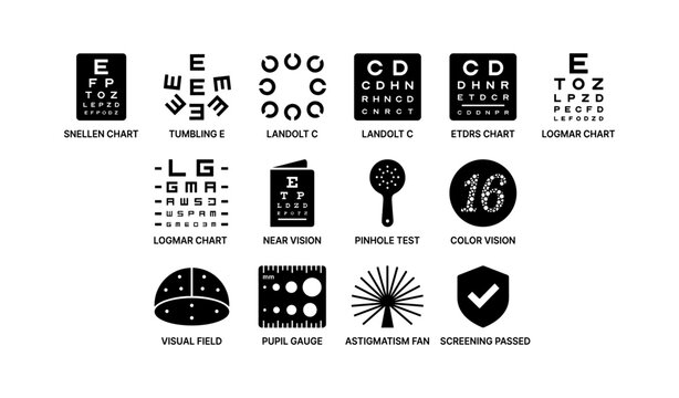 Eye test chart icons: snellen, tumbling e, landolt c, color vision