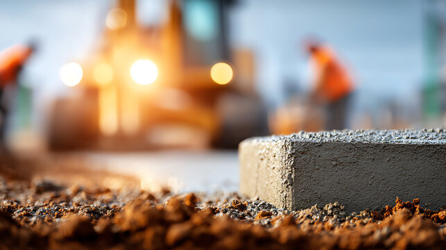Close-up shot of concrete work at a construction site with workers operating machinery and preparing the ground for new structures.