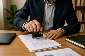 Office professional pressing stamp on document representing official corporate contract approval validation and administrative paperwork compliance responsibility