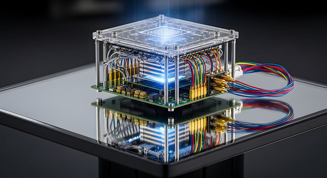 Quantum computer hardware with colorful wires and circuit board on reflective surface