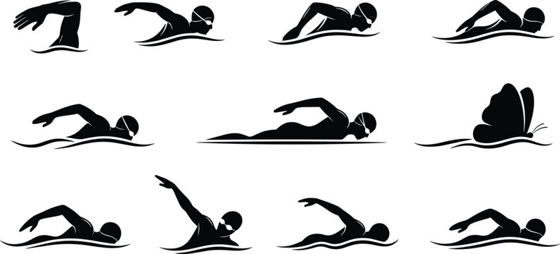Swimming silhouettes collection, freestyle stroke motion sequence, black vector illustration of competitive swim technique, water sport, and fitness