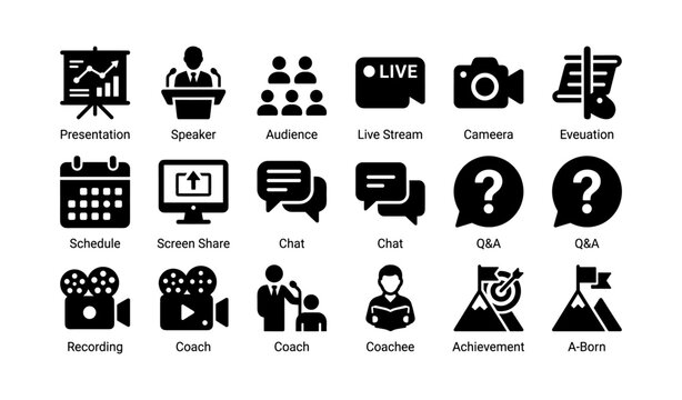 Business presentation icons: speaker, audience, live stream, camera, evaluation