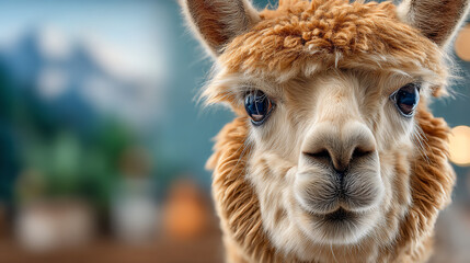 Fototapeta premium This adorable alpaca features a fluffy coat and captivating eyes, perfect for showcasing the charm of farm animals in photography.