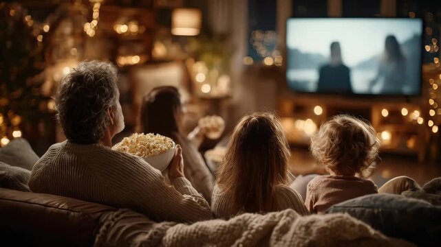 Cozy family movie night with warm lights and popcorn in a comfortable living room during a chilly evening