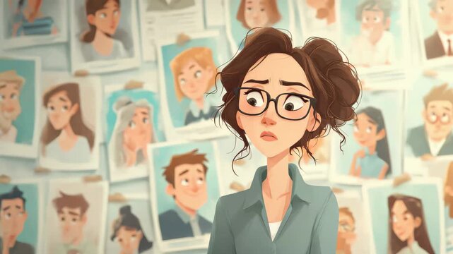 Young woman with glasses looks uncertain in a creative workspace filled with character illustrations and sketches on the wall