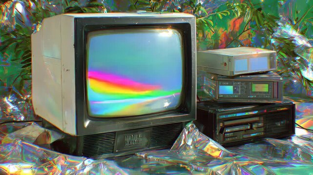 Vibrant retro scene featuring an old computer and cassette player amid colorful reflections and shimmering surfaces