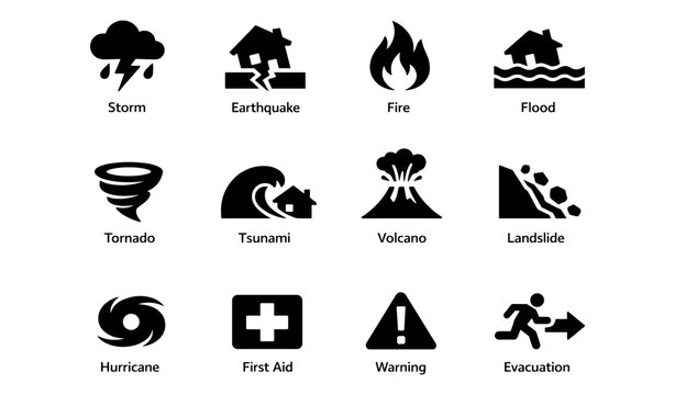 Disaster preparedness icons: storm, earthquake, fire, flood, and emergency symbols