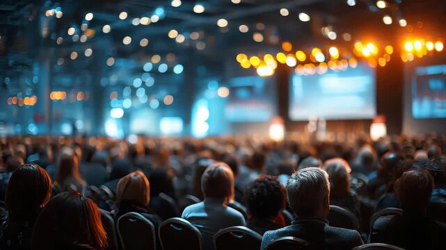 Crowd of eager listeners immersed in an inspiring conference held at a vibrant convention center under dazzling lights