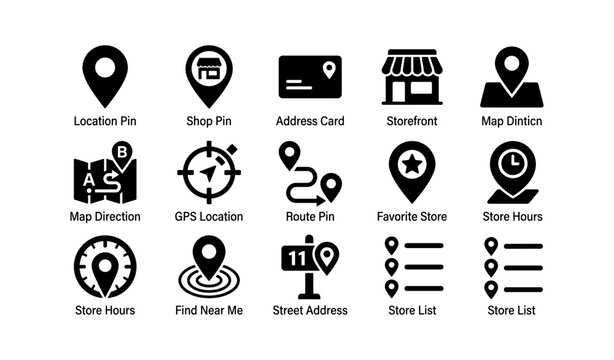Location icons: pins, directions, storefronts, gps, addresses, hours