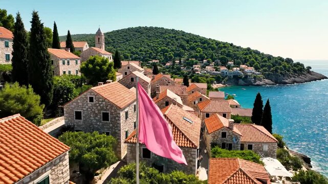 Coastal village with red roofs and pink flag
