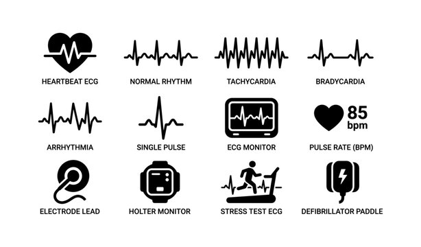 Heartbeat ecg icons: monitoring, tachycardia, bradycardia, arrhythmia, and heart health symbols
