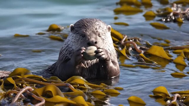 Sea otter eating a clam while floating in kelp-filled water