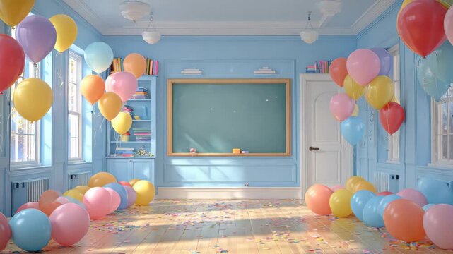 Colorful celebration in a bright classroom adorned with balloons and cheerful decorations during a festive party scene
