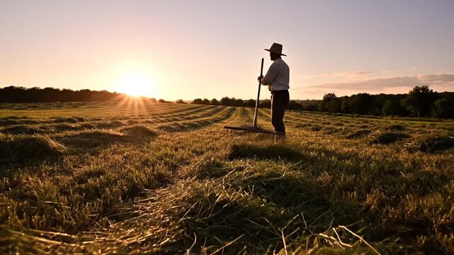 Man raking hay in field at golden hour sunset