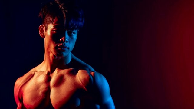 Pumped up asian young man with bare torso posing in blue and red neon light in a studio. Fitness body, athletic strength, modern portrait.