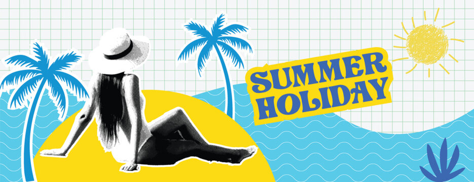 Retro vintage pop art comic style halftone collage summer holiday vacation banner Summer holiday tropical beach banner with woman in hat and palm trees using vintage collage art style