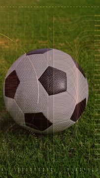 Vertical video: HUD activating, camera pushing in, soccer ball nudging while overlay mapping spin