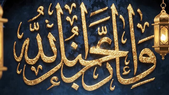 Golden Arabic Calligraphy of Islamic Verse and Ramadan Lanterns Hanging Against a Dark Ornate