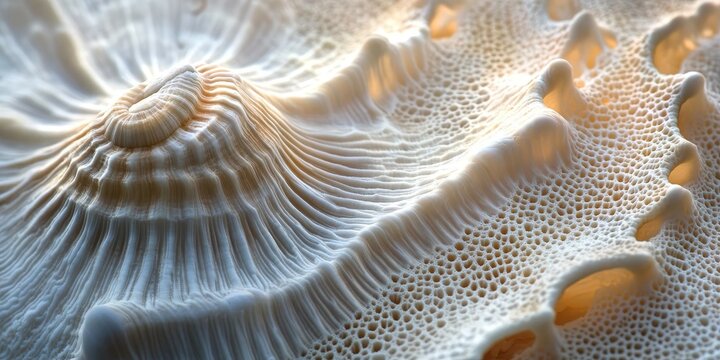 A close-up view captures the intricate texture of a seashell, showcasing its unique patterns and smooth surface. Natural light enhances the serene beauty of this marine specimen.