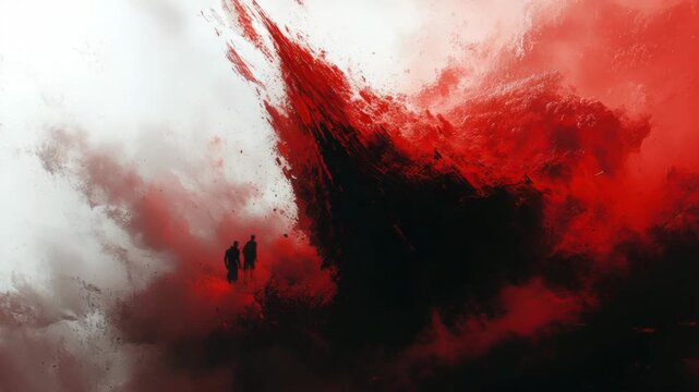 Silhouetted figures stand before a storm of red and black, set against a light background