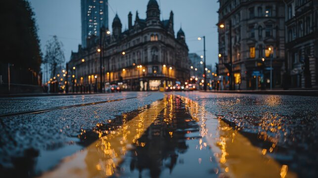 Low angle evening street scene with glowing reflections on rain-soaked boulevard