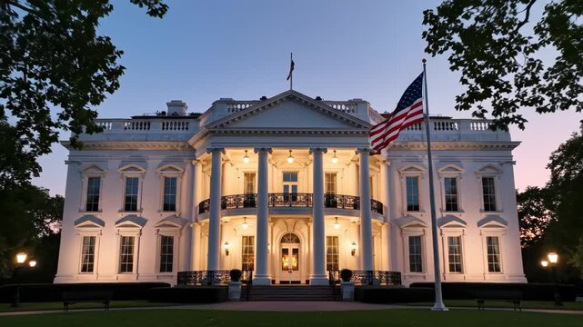 White House at dusk with flag
