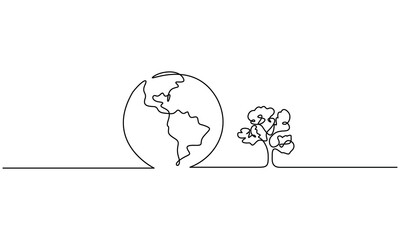 World environment earth globe with leaves continuous line drawn. 