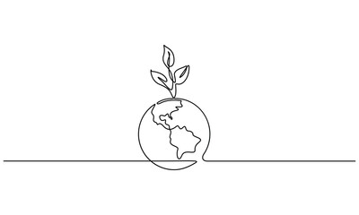 World environment earth globe with leaves continuous line drawn. 