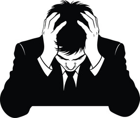 Stressed businessman holding head with anxiety depression mental pressure burnout crisis concept silhouette illustration isolated on white background