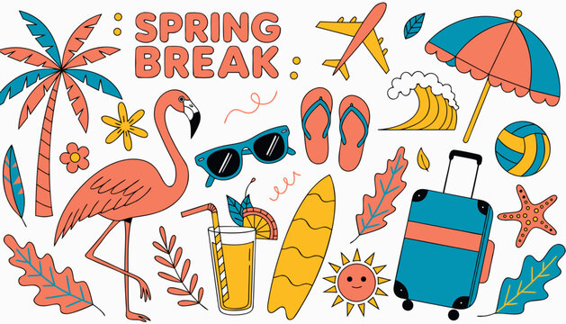 Spring Break Travel Flat Vector Illustration Set with Beach Vacation Elements and Tourism Icons