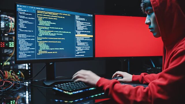 Person in red hoodie working on computer