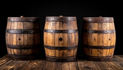 Fototapeta premium Rustic Wooden Barrels on a Wooden Surface Against Black Background.