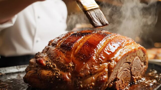 Chef meticulously glazing a succulent roast with a brush, with steam rising in a professional kitchen setting