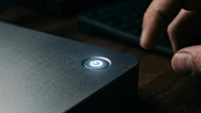A close-up view of a finger pressing a power button on a sleek device, showcasing a contrasting illuminated ring, set on a textured surface