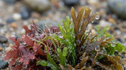 Fototapeta premium Close-up of dew-covered coastal seaweed and marine plants on rocky shore with vibrant red, green, and brown hues, natural macro photography of ocean flora