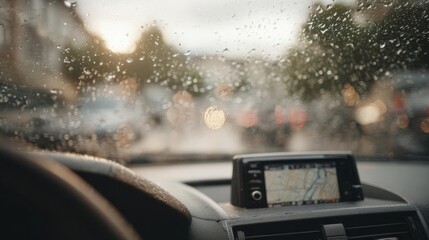 The dashboard of a car with a gps device mounted on it. the dashboard is covered in raindrops, indicating that it is raining.