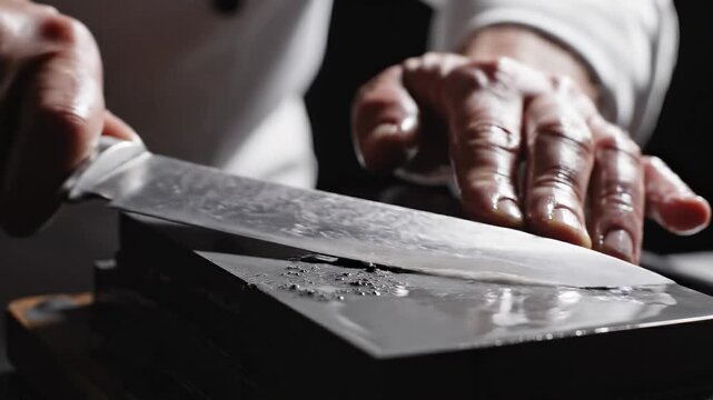 Close-up of skilled hands sharpening a chef's knife on a whetstone in low light, highlighting focus and precision in culinary preparation