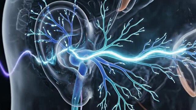 Close-up visualization of neural pathways and electrical impulses in the human ear, showcasing intricate connections and luminous patterns
