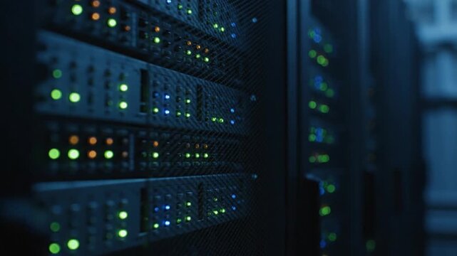Close-up of a Server Rack with Blinking Lights Technology_010