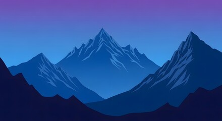 Majestic mountain range with snowcapped peaks under a deep blue sky at dusk
