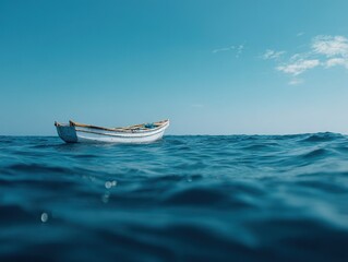 Fototapeta premium Small boat adrift on the open sea under a clear blue sky, concept of loneliness, freedom, uncertainty and resilience, minimalist seascape in high resolution with intense tones
