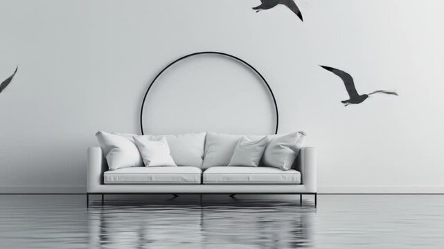 Minimalist interior with sofa and decorative ring with flying birds