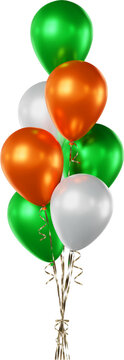 Balloon bouquet in green, orange, and white, isolated on a transparent background. A bunch of realistic balloons for St. Patrick&rsquo;s Day, Irish celebration, greeting cards, and holiday event designs.