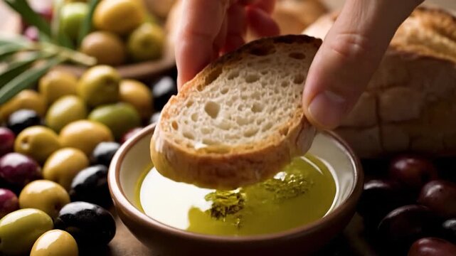 A slice of bread is dipped into olive oil, surrounded by olives