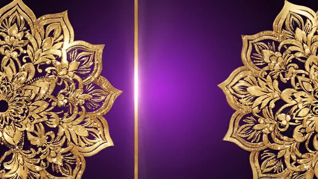 Elegant Golden Mandala Ornaments on Vibrant Purple Gradient Background, Luxury Decorative Border