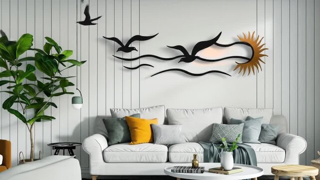 Modern interior decor with artistic wall sculpture and comfortable sofa