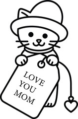 Cute Baby Cat Holding Love You Mom Gift Tag Line Art Vector